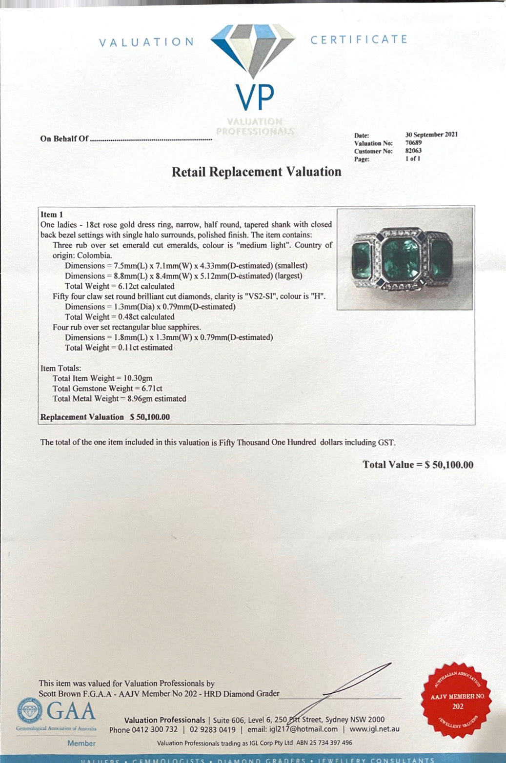 18CT rose gold Trilogy Colombian Emerald, Blue Sapphire and Diamond ring