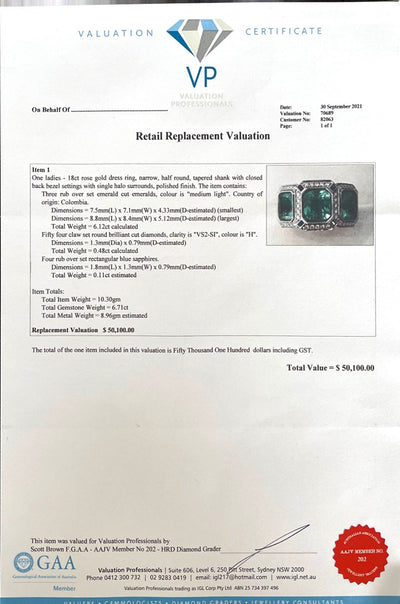 18CT rose gold Trilogy Colombian Emerald, Blue Sapphire and Diamond ring