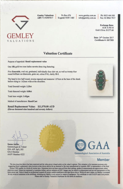 18CT Yellow Gold 5 Stone Emerald and Diamond Navette Dress Ring