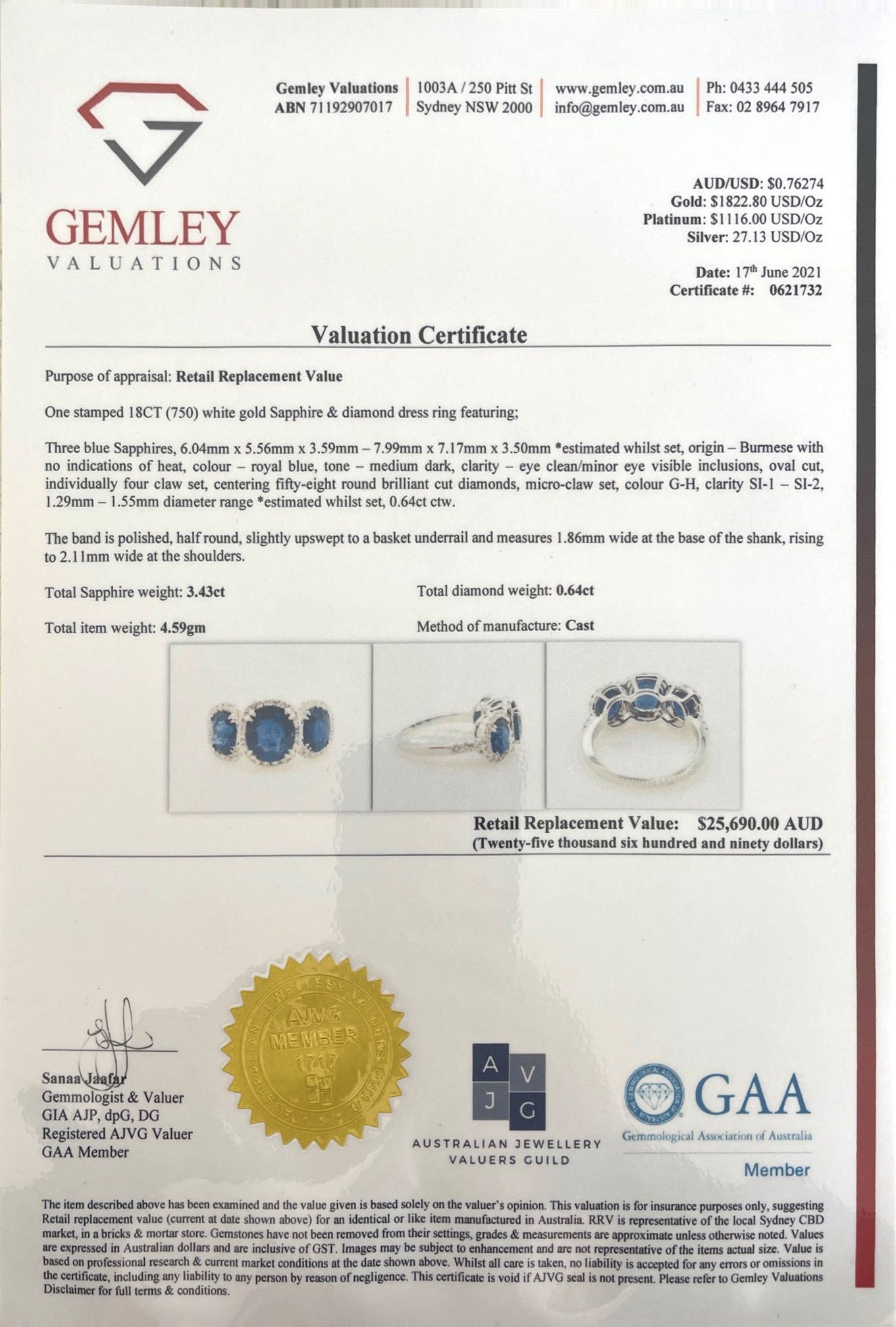 18CT White Gold (NO HEAT) trilogy Burmese Sapphire and Diamond Ring