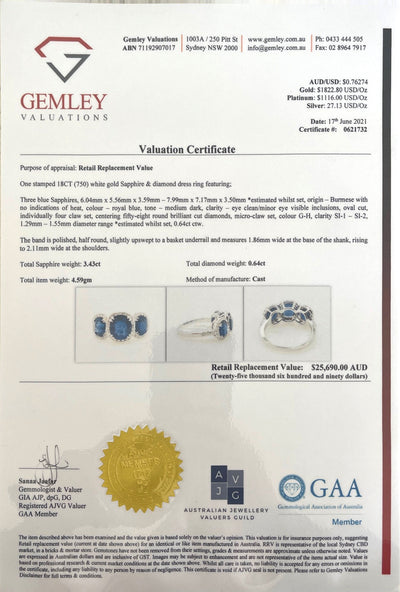 18CT White Gold (NO HEAT) trilogy Burmese Sapphire and Diamond Ring
