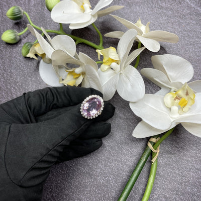 18CT Yellow Gold Pink Violet Kunzite Spodumene and Diamond ring