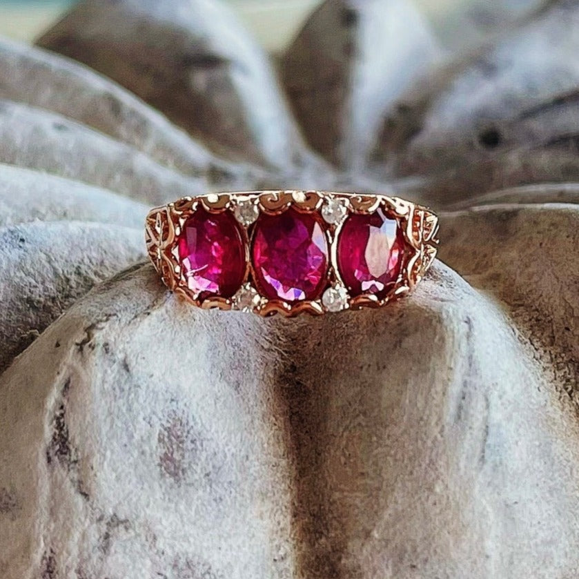 18CT Rose Gold Ruby and Diamond Trilogy Ring – Imperial Jewels