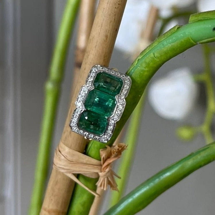18CT Yellow Gold Trilogy Emerald and Diamond Ring