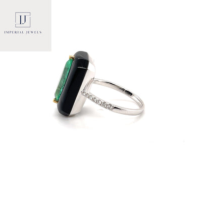 18CT white gold marquise colombian emerald, onyx and diamond ring