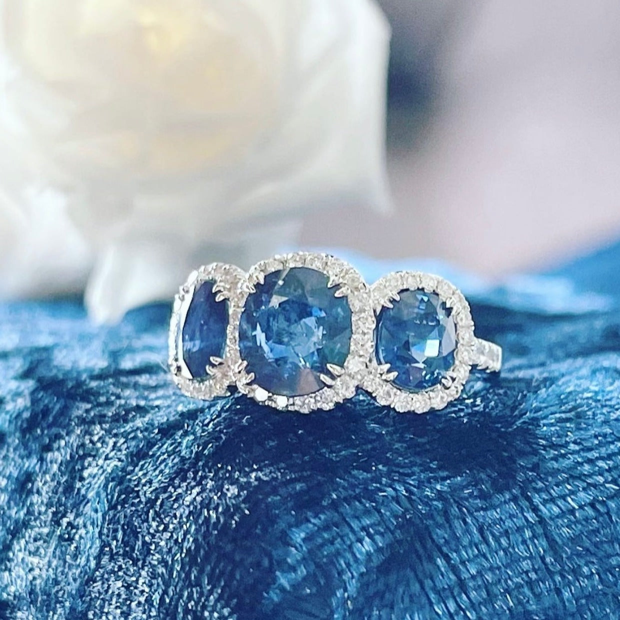 18CT White Gold (NO HEAT) trilogy Burmese Sapphire and Diamond Ring