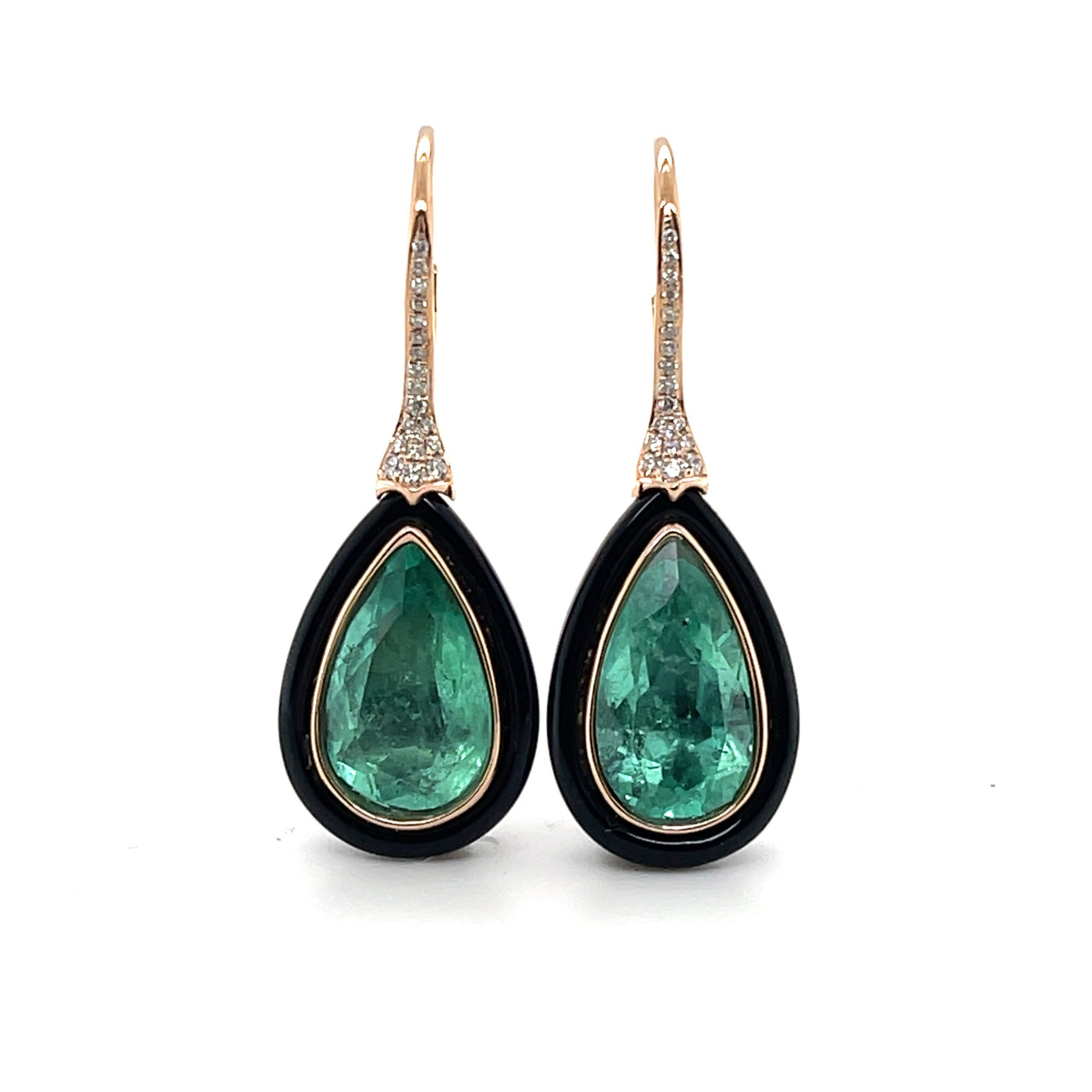 18CT rose gold colombian emerald, onyx and diamond earrings