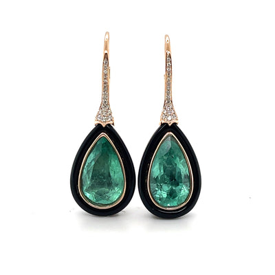 18CT rose gold colombian emerald, onyx and diamond earrings