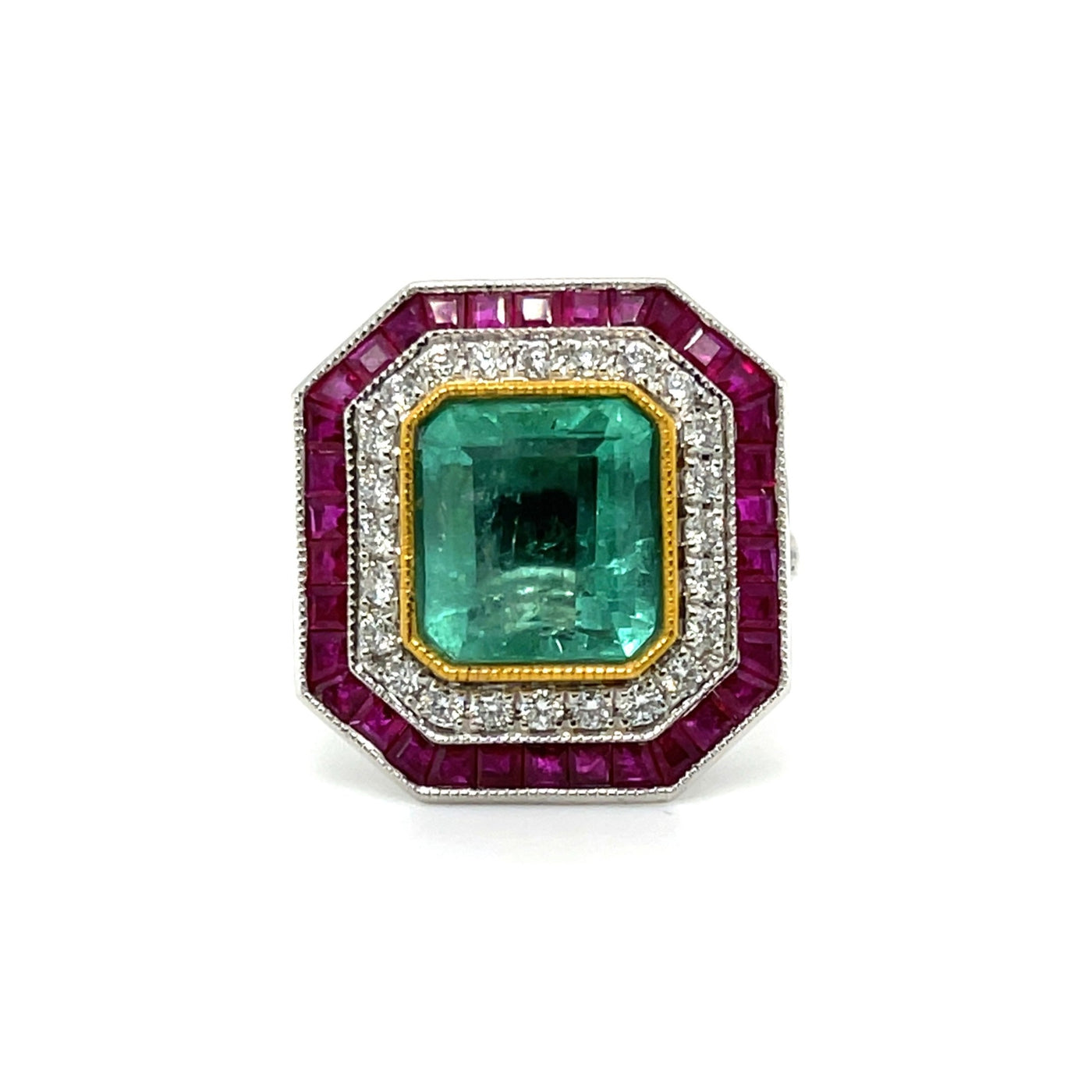 Platinum, Emerald, Ruby and Diamond cocktail ring