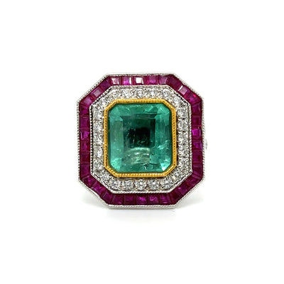 Platinum, Emerald, Ruby and Diamond cocktail ring