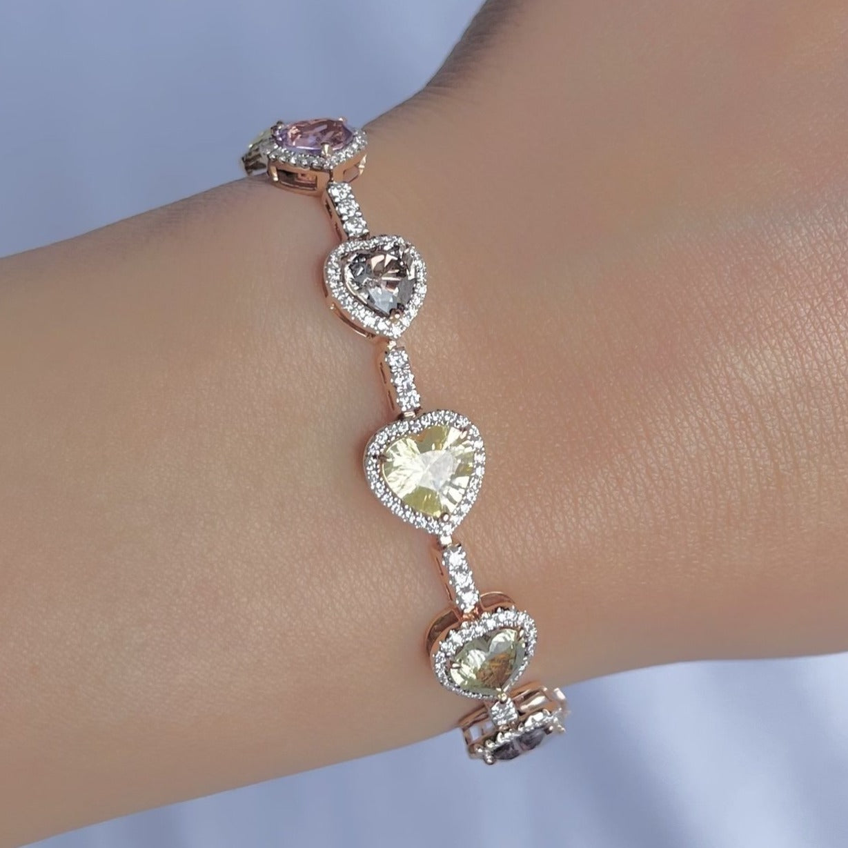 18CT rose gold multi coloured heart sapphire and diamond bracelet