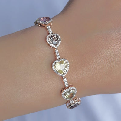 18CT rose gold multi coloured heart sapphire and diamond bracelet