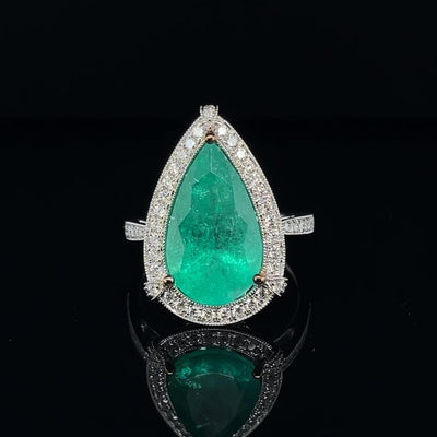 18CT white gold Colombian Pear emerald and diamond ring