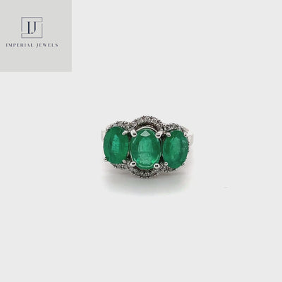 18CT White Gold Trilogy Emerald and Diamond Ring