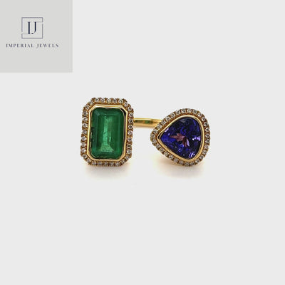 18CT yellow gold Emerald, Tanzanite and diamond open face ring