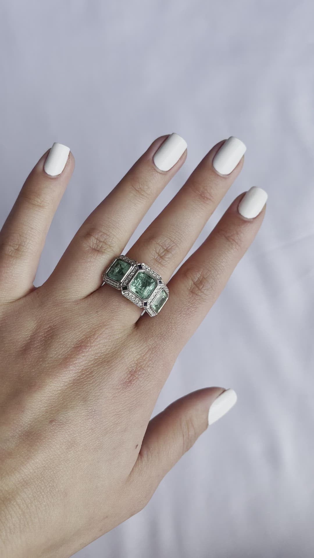 18CT rose gold Trilogy Colombian Emerald, Blue Sapphire and Diamond ring