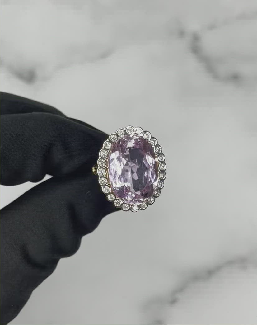 18CT Yellow Gold Pink Violet Kunzite Spodumene and Diamond ring