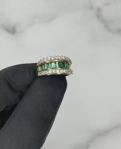 18CT Rose Gold Eight Stone Emerald and Diamond Dress Ring
