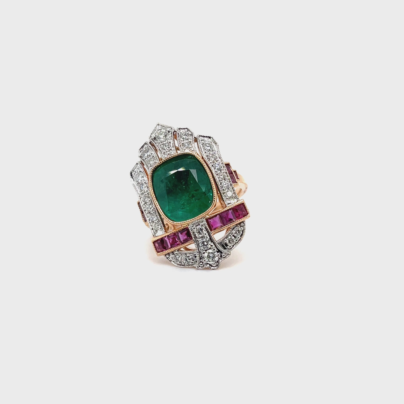 18ct rose gold Emerald, Diamond and Ruby Ring