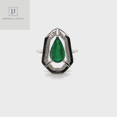 18CT White Gold Marquise Emerald Diamond and Onyx Dress Ring