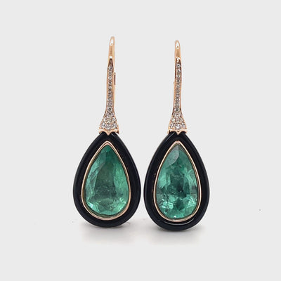 18CT rose gold colombian emerald, onyx and diamond earrings
