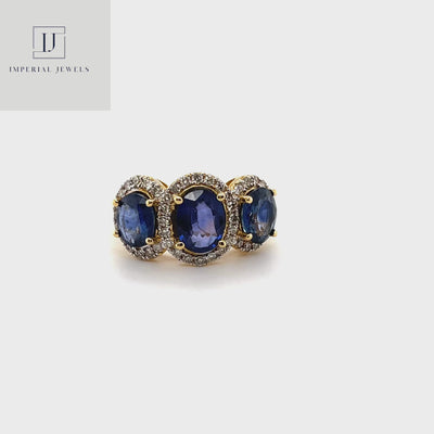 18CT Yellow Gold Trilogy Sapphire and Diamond Ring