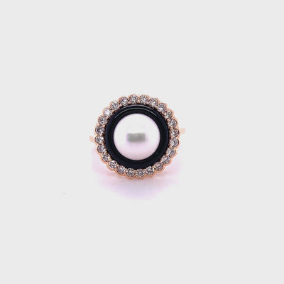 18CT Rose Gold Pearl and Diamond Onyx Ring