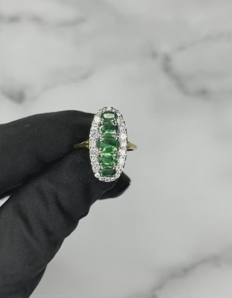 18CT Yellow Gold 5 Stone Emerald and Diamond Navette Dress Ring