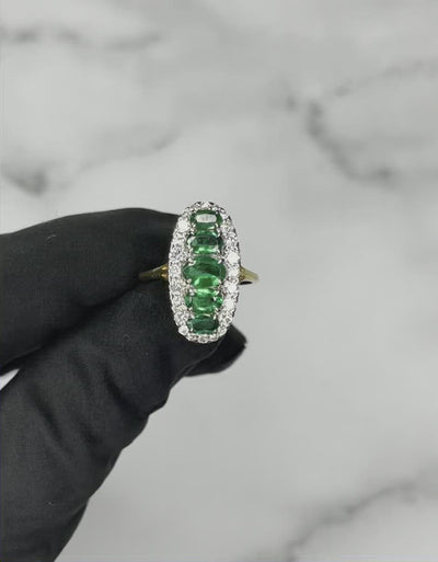 18CT Yellow Gold 5 Stone Emerald and Diamond Navette Dress Ring