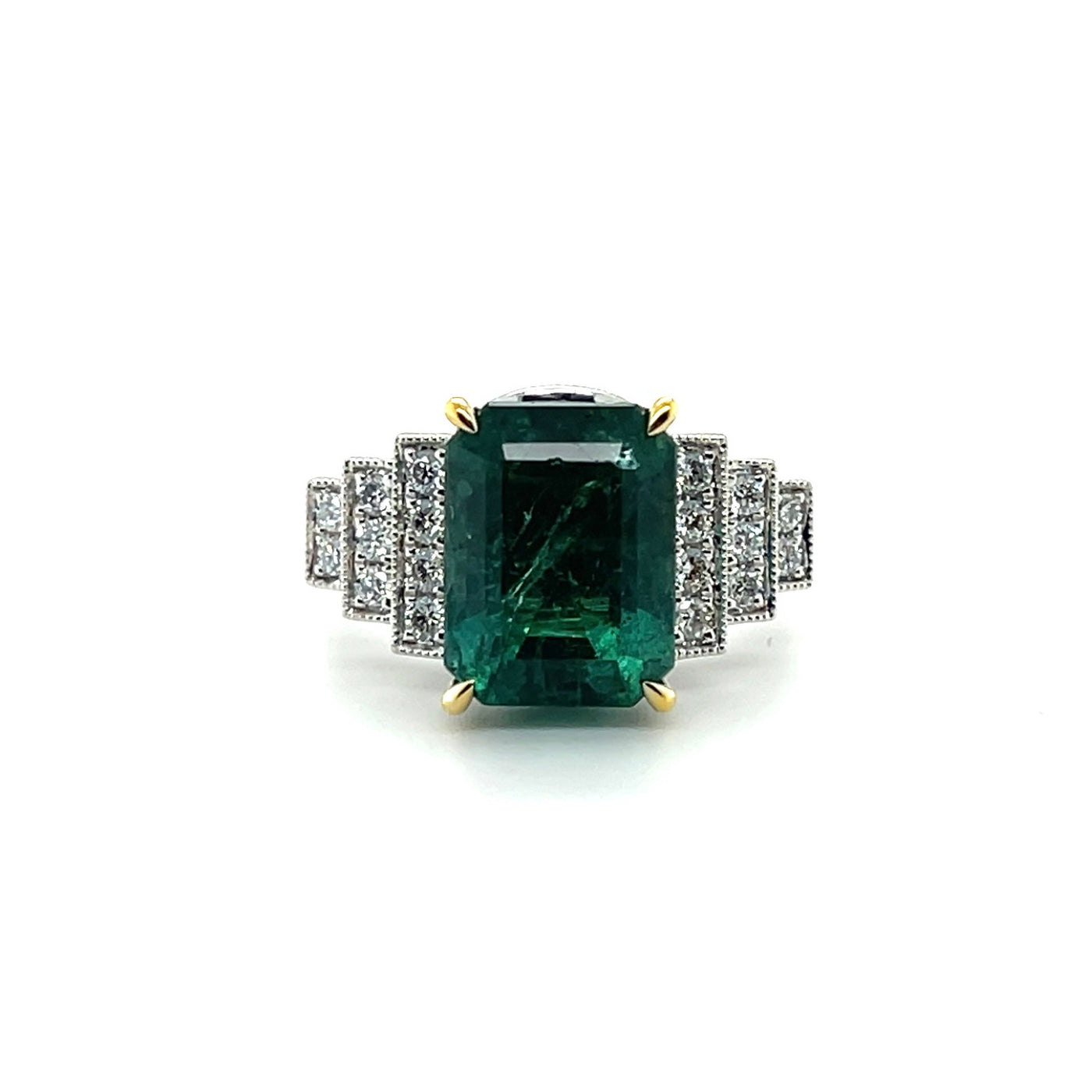 18ct white gold Art Deco style emerald and diamond ring