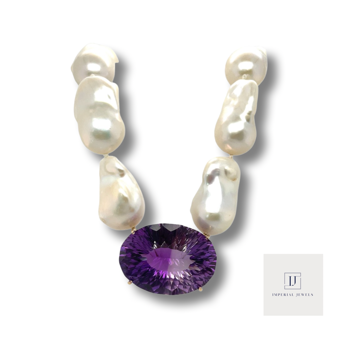 Baroque pearl and Amethyst Necklace and Pendant in 9ct Yellow Gold