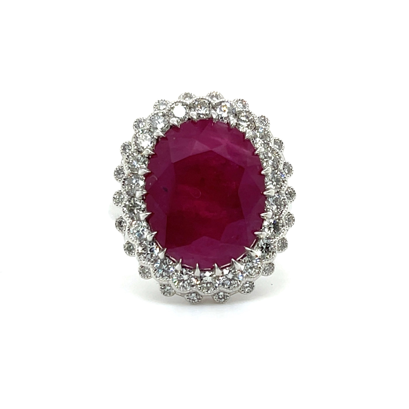 Platinum Ruby and Diamond Double halo ring