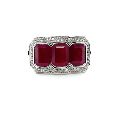 14ct white gold trilogy ruby and diamond ring