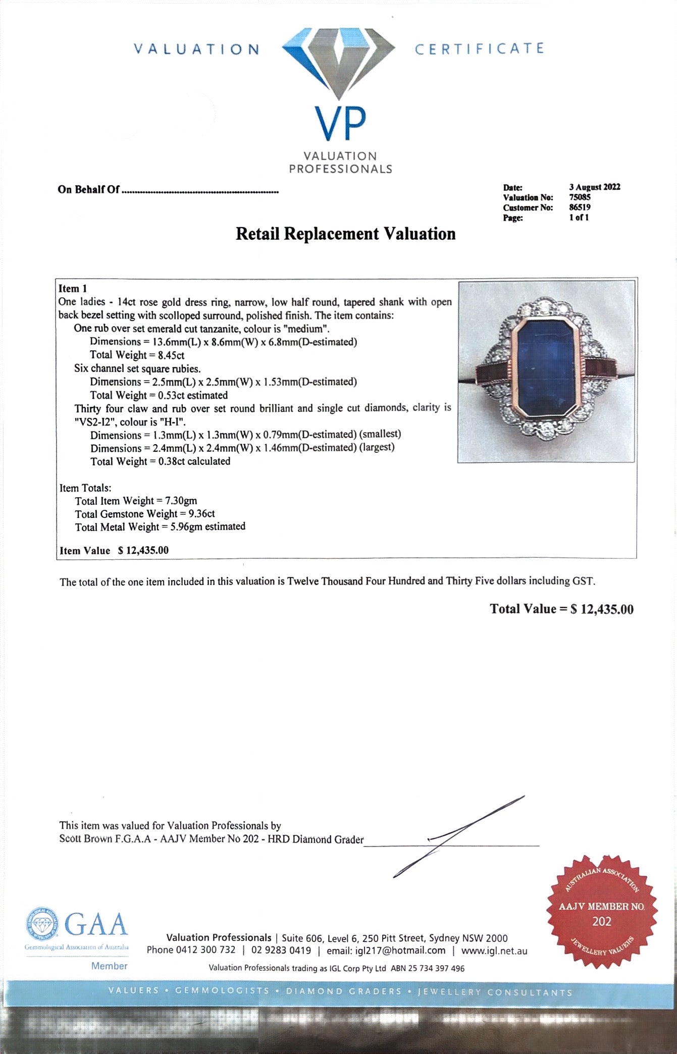 14ct rose gold Tanzanite, Ruby and Diamond ring