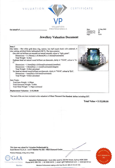 18ct white gold Art Deco style emerald and diamond ring