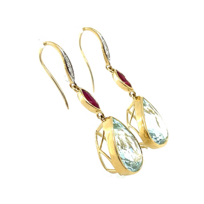14ct yellow gold, Aquamarine , Diamond and Ruby earrings
