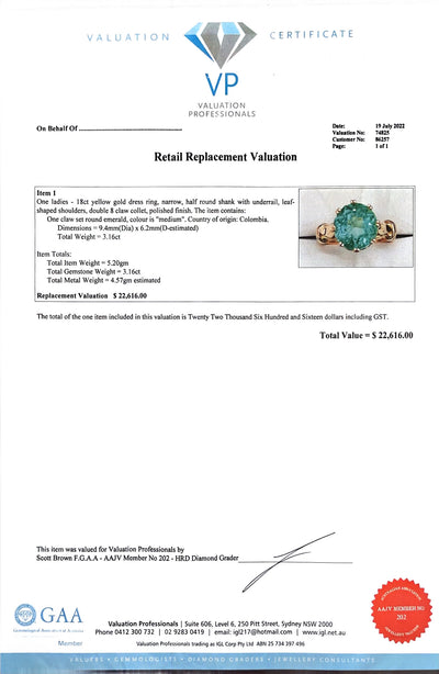 18 karat Yellow Gold Colombian solitaire ring