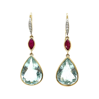 14ct yellow gold, Aquamarine , Diamond and Ruby earrings