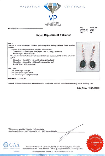 14k rose gold Art Deco style Emerald and Diamond drop earrings