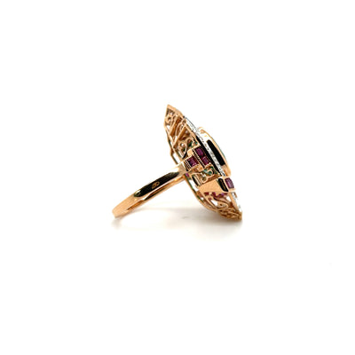 18ct rose gold Emerald, Diamond and Ruby Ring