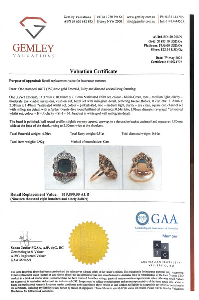 18ct rose gold Emerald, Diamond and Ruby Ring