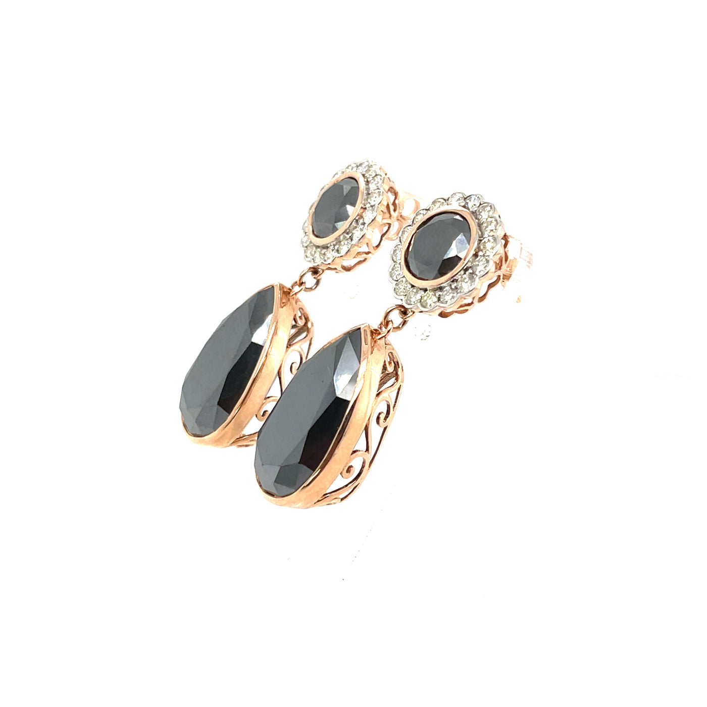 14ct rose gold black moissanire and diamond earrings
