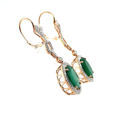 14k rose gold Art Deco style Emerald and Diamond drop earrings