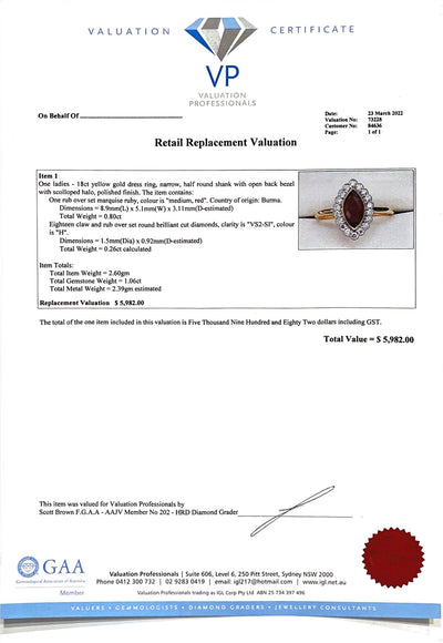 18ct yellow gold Marquise Ruby and Diamond ring