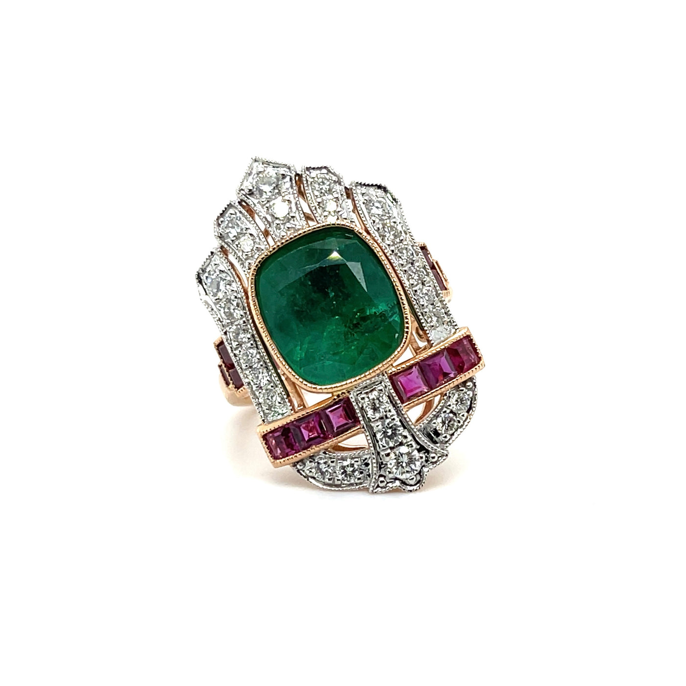 18ct rose gold Emerald, Diamond and Ruby Ring