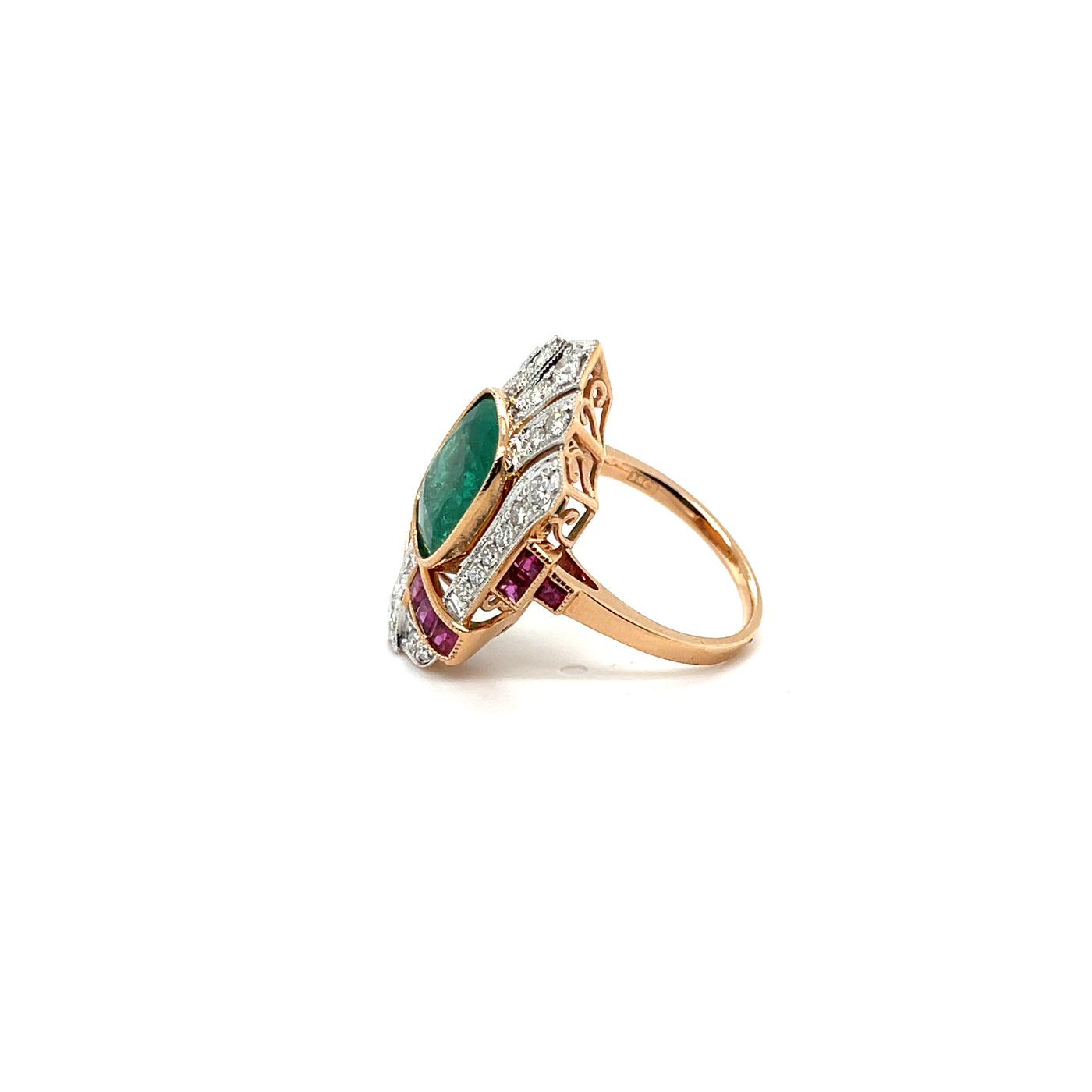 18ct rose gold Emerald, Diamond and Ruby Ring