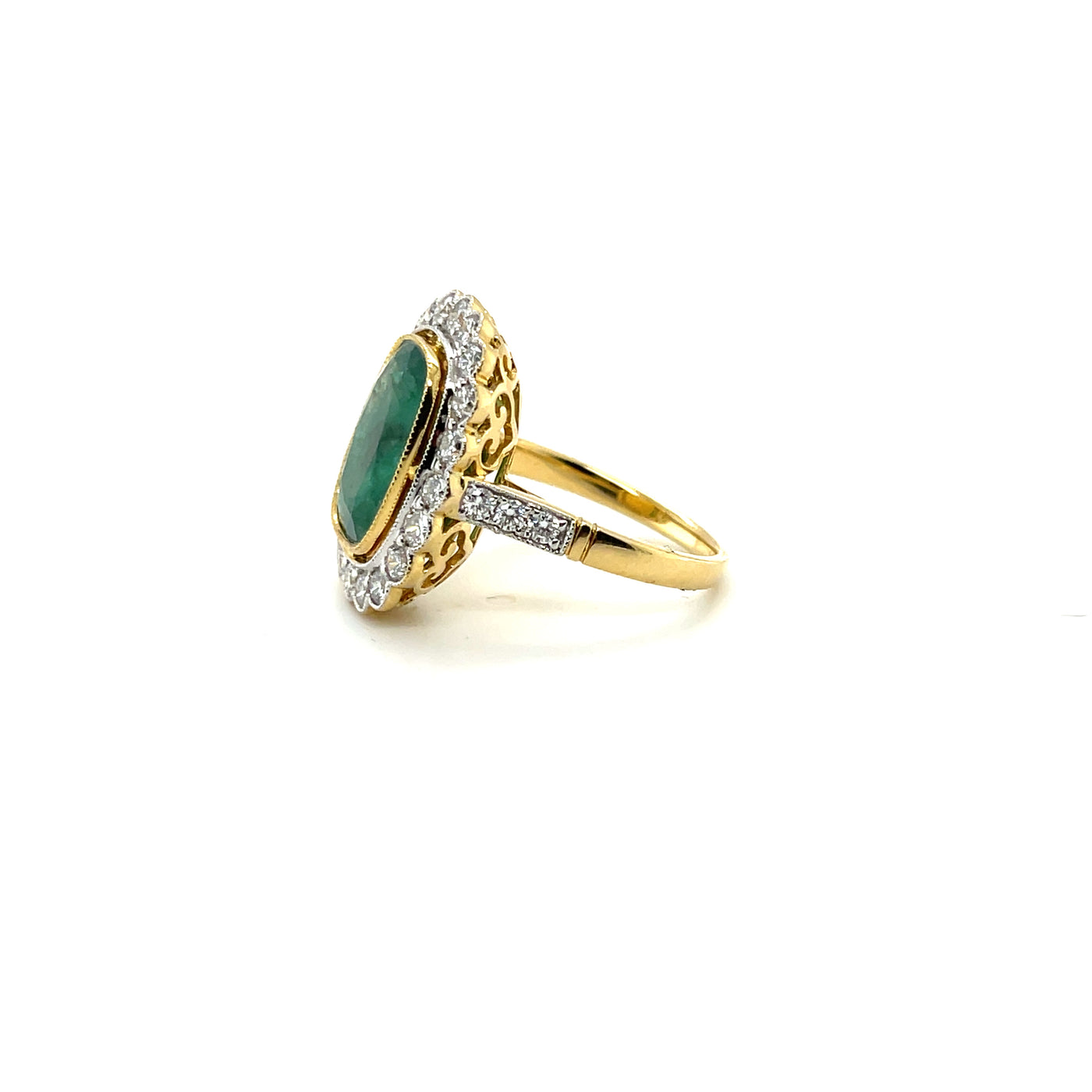 18ct yellow gold emerald and diamond halo ring