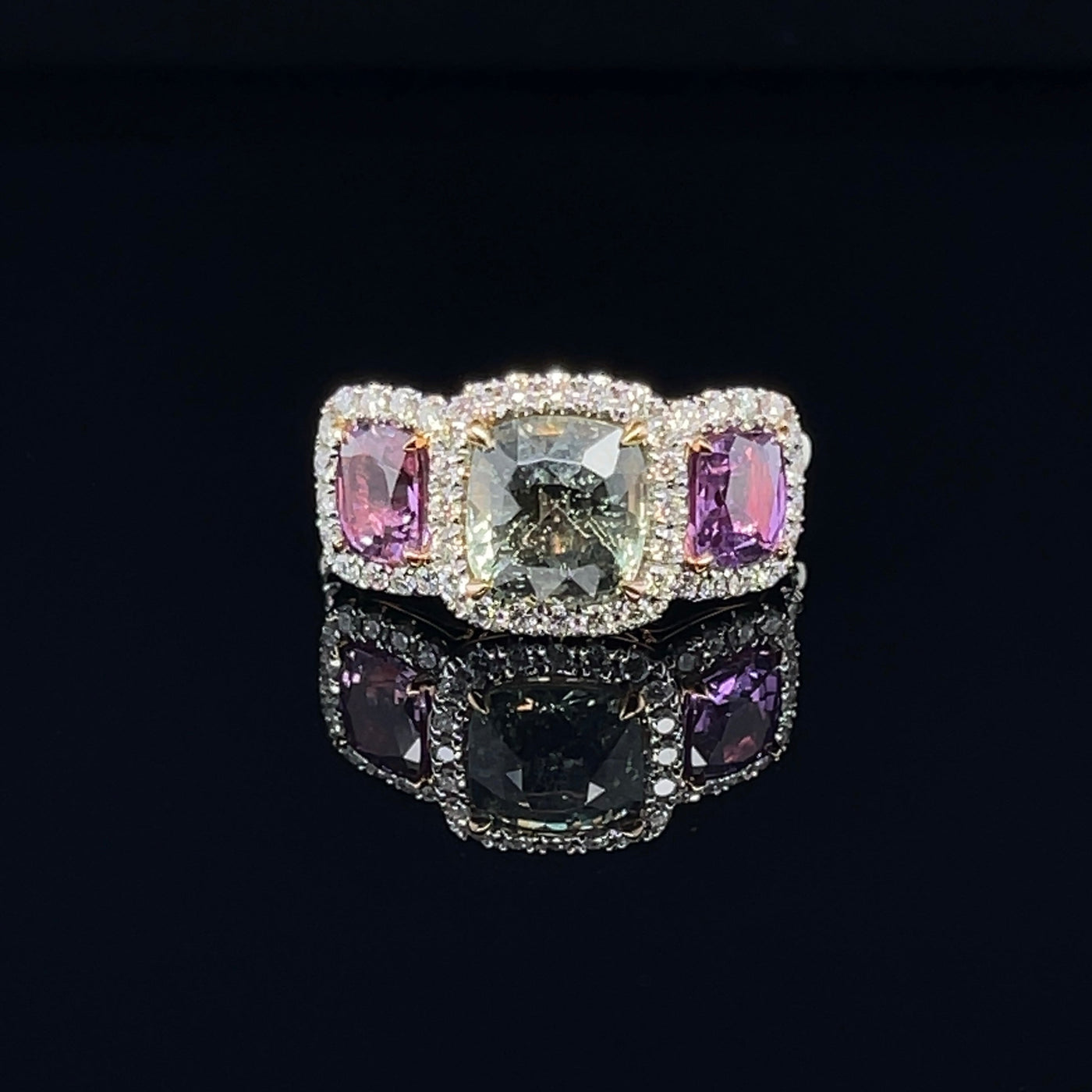18CT Rose Gold (NO HEAT) Trilogy Coloured Sapphire Ring