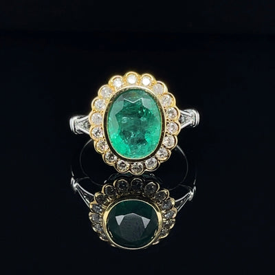 18CT Two Tone Yellow and White Gold Emerald and Diamond Ring